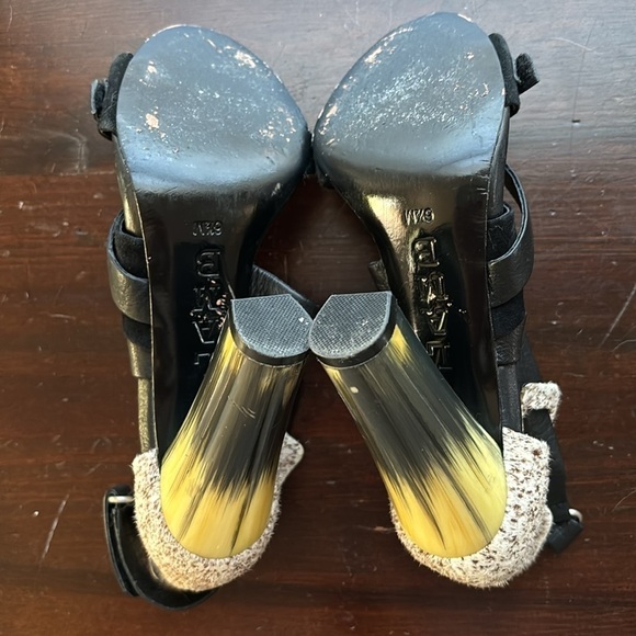 L.A.M.B. Gwen Stefani Korry Black Leather Brown Calf Hair Strappy Heels Size 6.5 - Picture 11 of 11